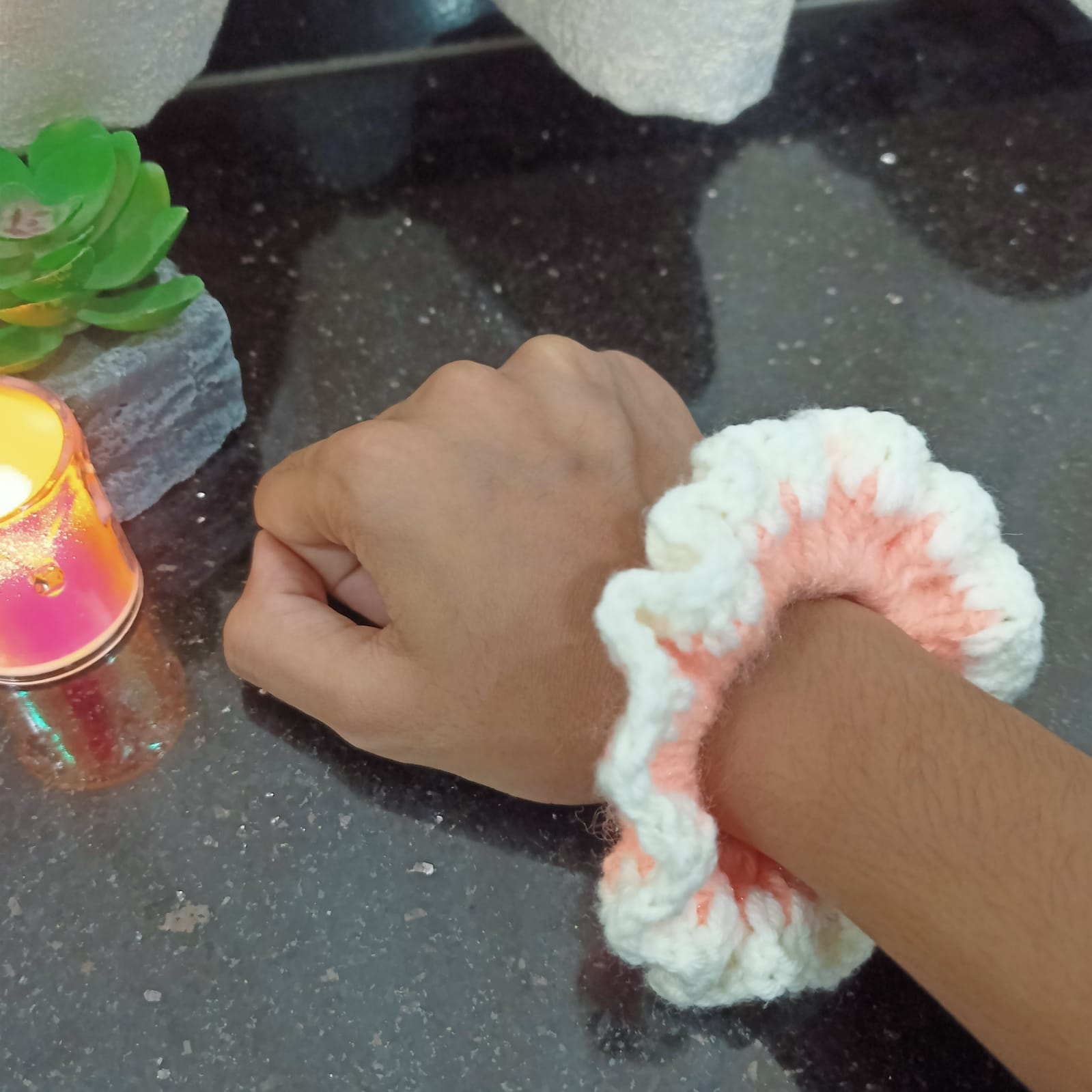 Peach and white ruffled scrunchie