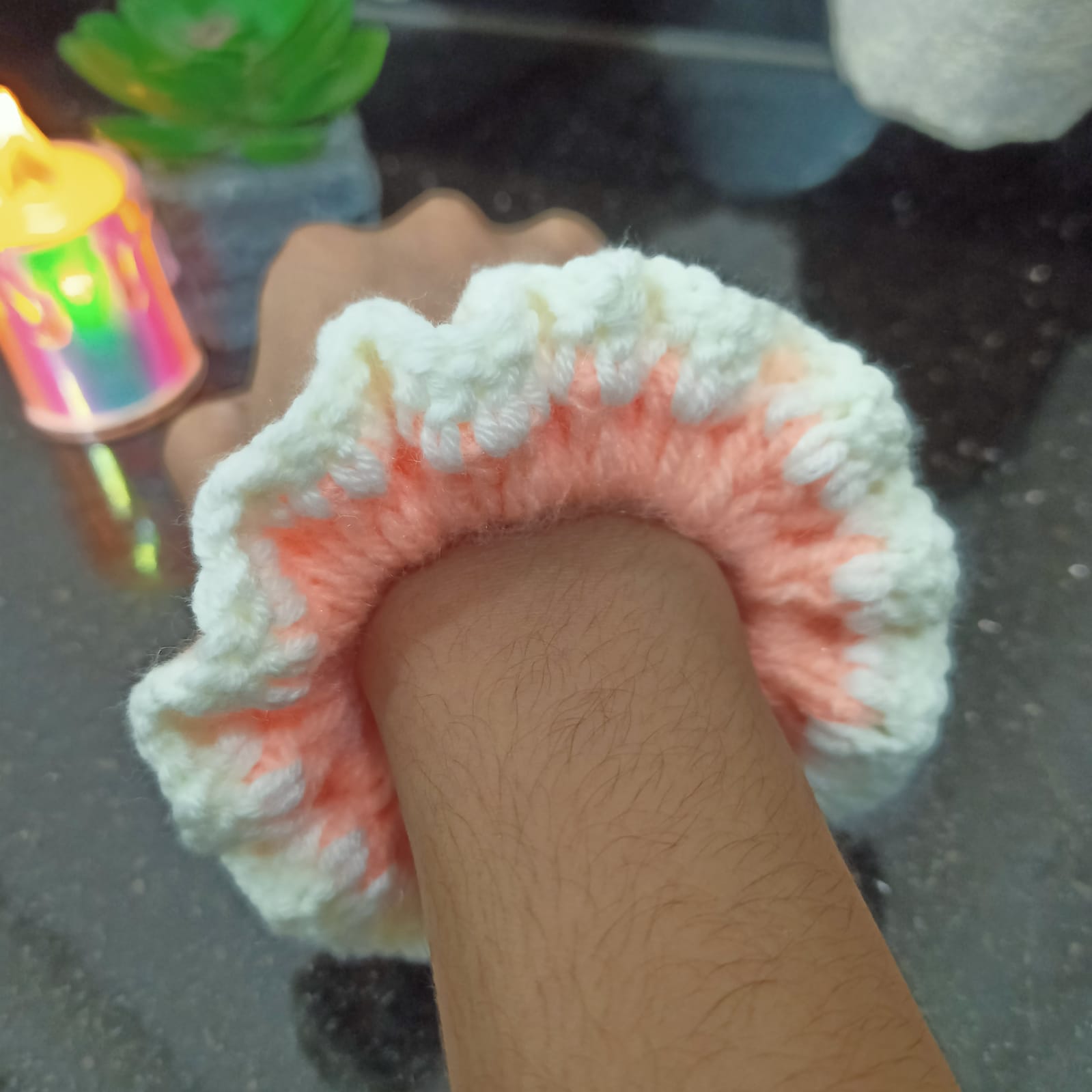 Peach and white ruffled scrunchie