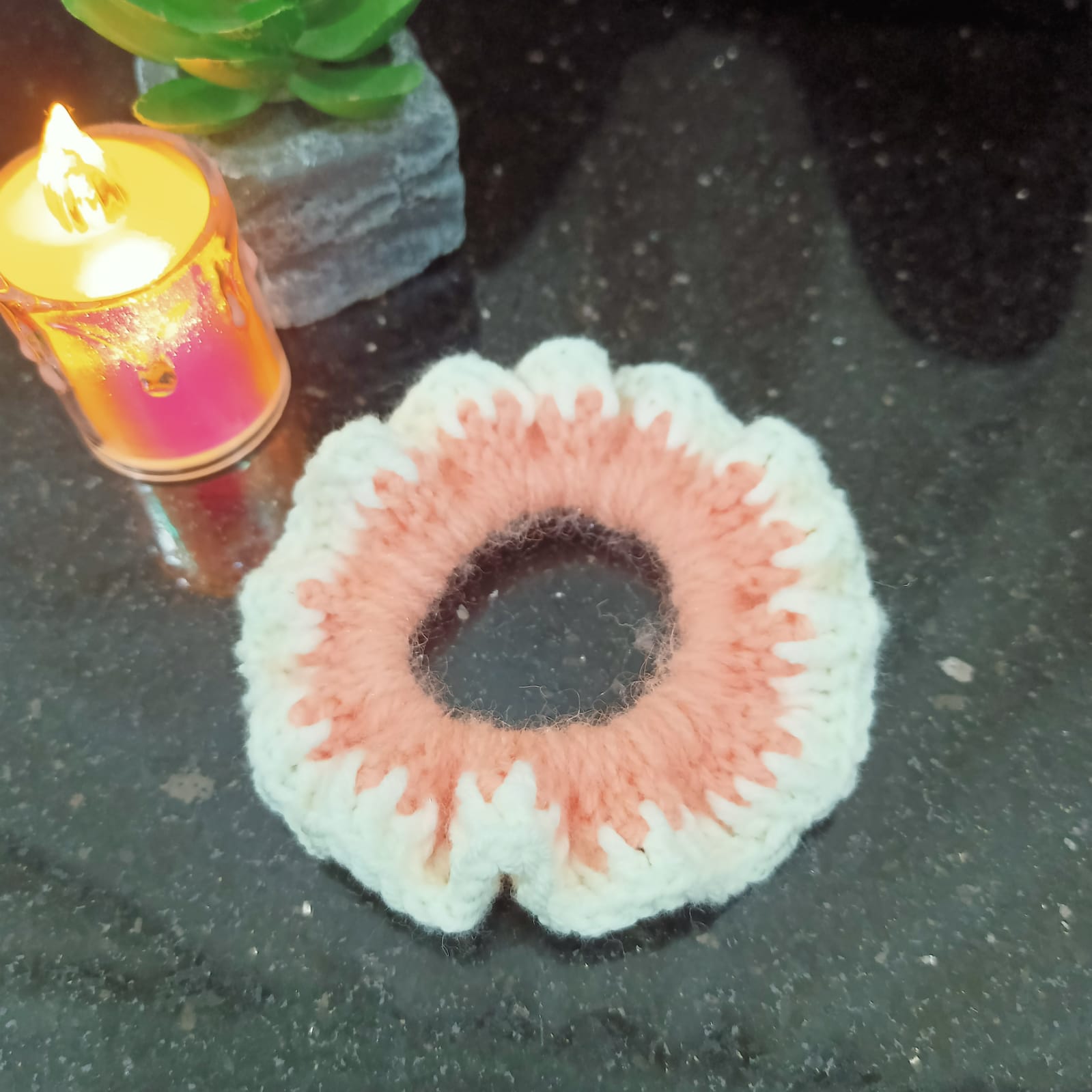 Peach and white ruffled scrunchie